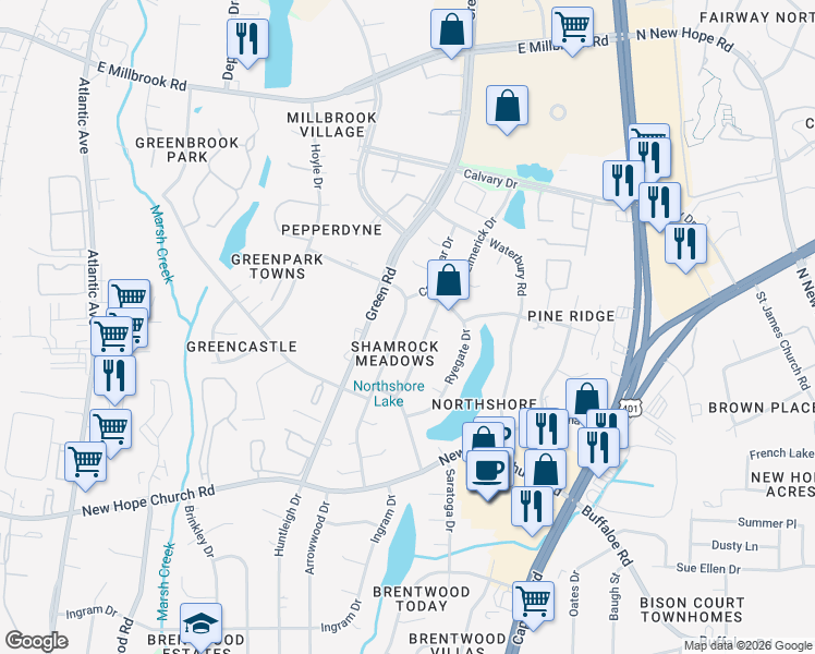 map of restaurants, bars, coffee shops, grocery stores, and more near 4417 Kilcullen Drive in Raleigh