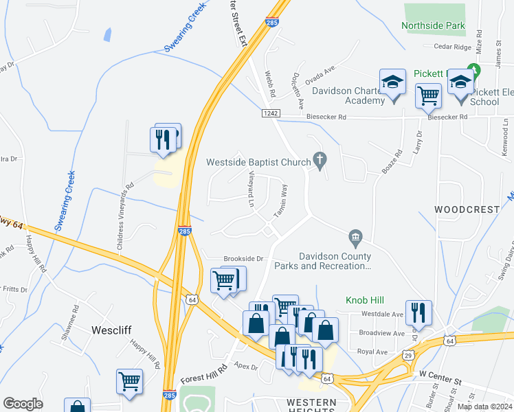 map of restaurants, bars, coffee shops, grocery stores, and more near 107 Rosemont Lane in Lexington