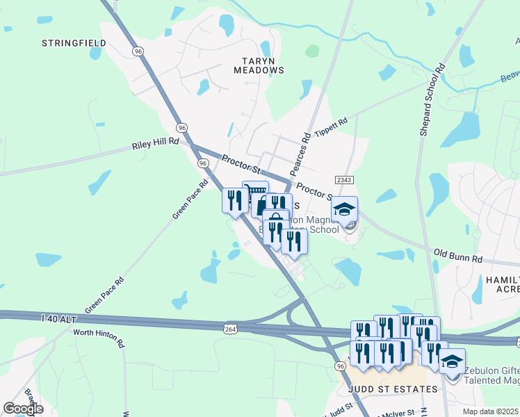 map of restaurants, bars, coffee shops, grocery stores, and more near 203 Nostalgia Lane in Zebulon