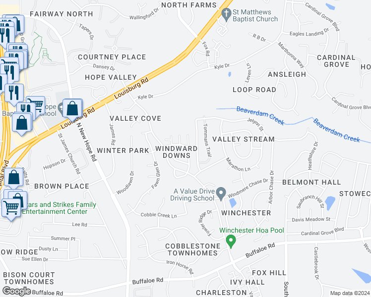 map of restaurants, bars, coffee shops, grocery stores, and more near 4837 Windblown Court in Raleigh