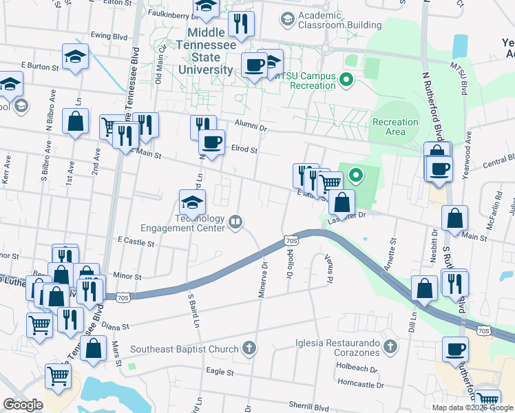 map of restaurants, bars, coffee shops, grocery stores, and more near 1710 East Main Street in Murfreesboro
