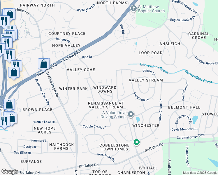 map of restaurants, bars, coffee shops, grocery stores, and more near 4424 Windstorm Way in Raleigh