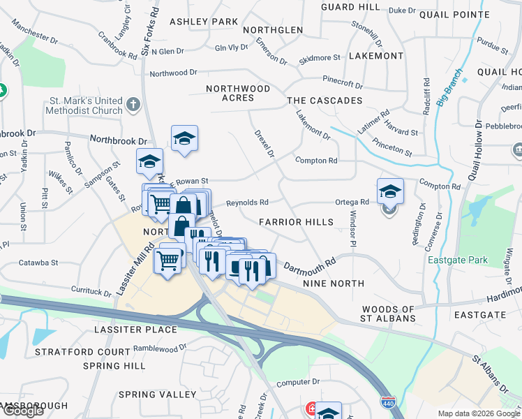 map of restaurants, bars, coffee shops, grocery stores, and more near 208 Reynolds Road in Raleigh