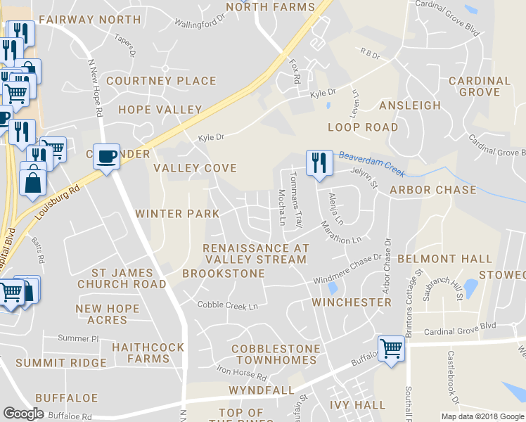 map of restaurants, bars, coffee shops, grocery stores, and more near 4424 Windstorm Way in Raleigh