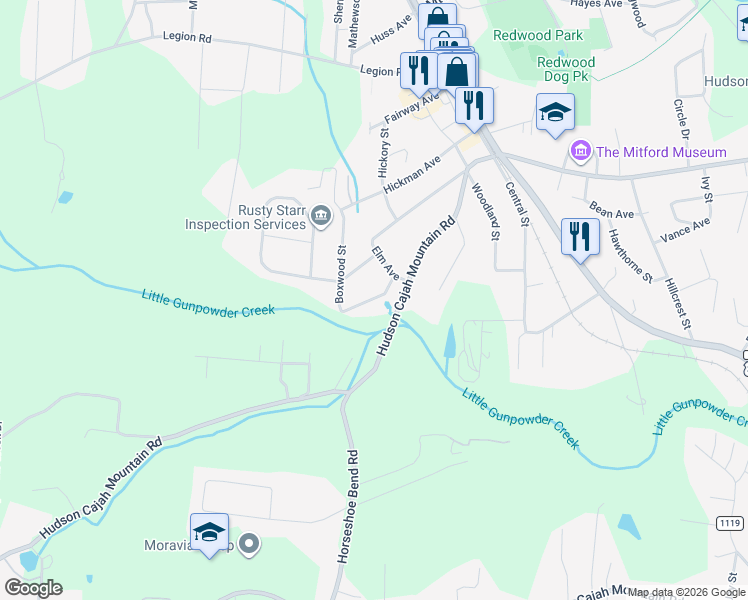 map of restaurants, bars, coffee shops, grocery stores, and more near 522 Boxwood Street in Hudson
