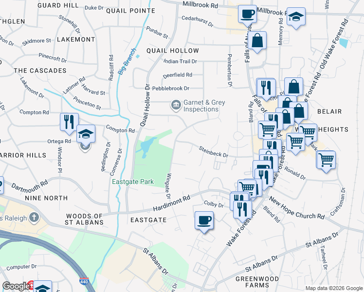 map of restaurants, bars, coffee shops, grocery stores, and more near 4216 Wingate Drive in Raleigh