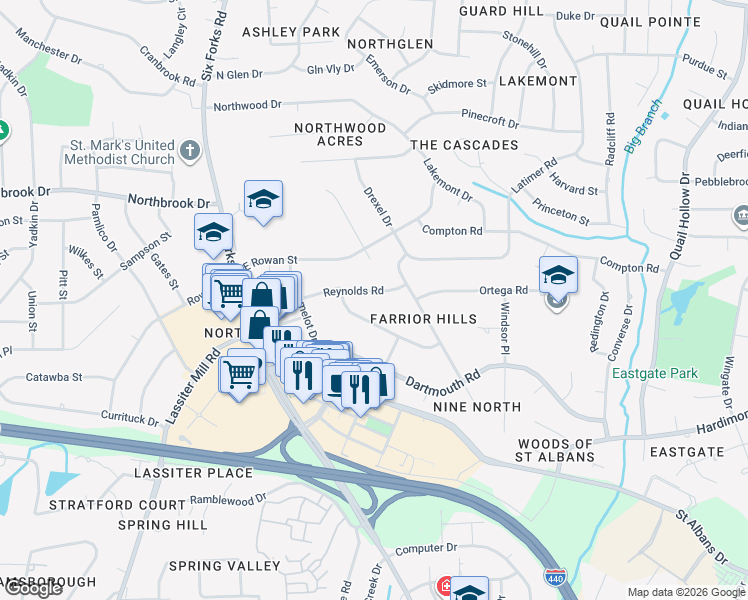 map of restaurants, bars, coffee shops, grocery stores, and more near 208 Reynolds Road in Raleigh
