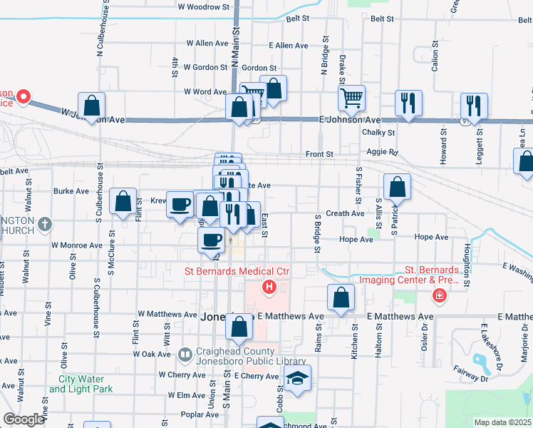 map of restaurants, bars, coffee shops, grocery stores, and more near in Jonesboro