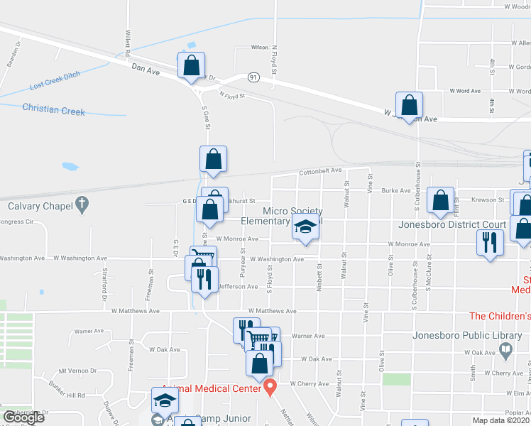map of restaurants, bars, coffee shops, grocery stores, and more near 206 South Floyd Street in Jonesboro