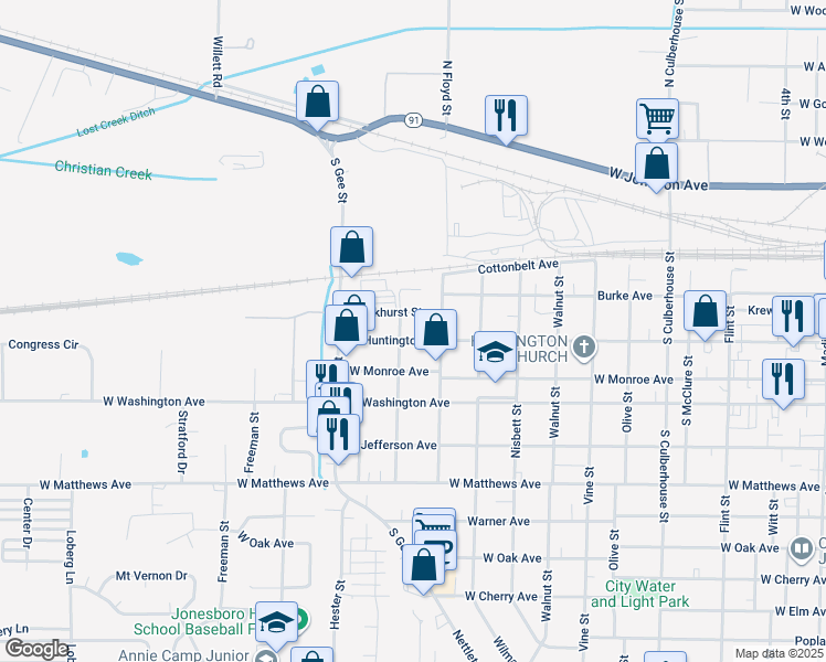 map of restaurants, bars, coffee shops, grocery stores, and more near 1313 Oakhurst Street in Jonesboro