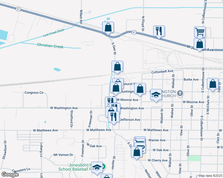 map of restaurants, bars, coffee shops, grocery stores, and more near 7 South Gee Street in Jonesboro