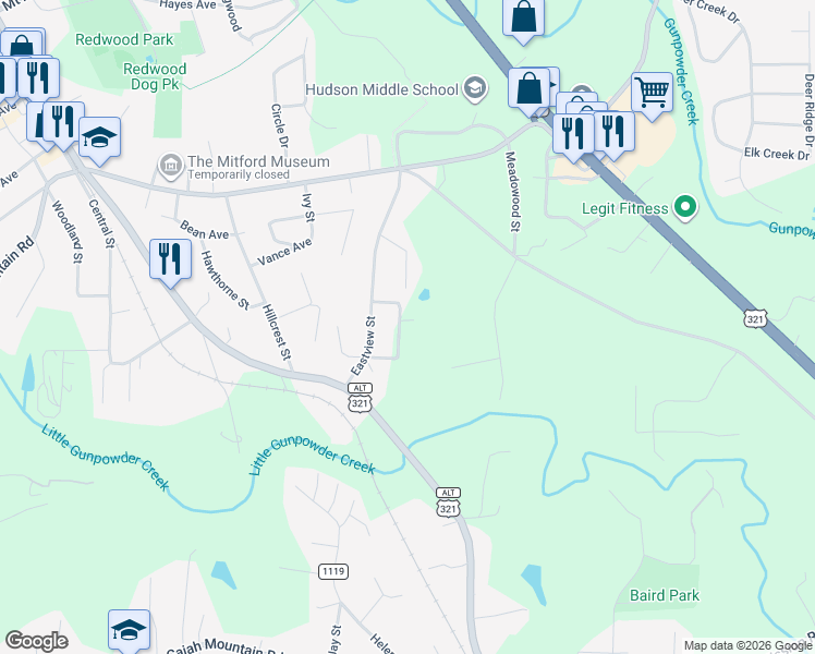 map of restaurants, bars, coffee shops, grocery stores, and more near 135 Shamrock Circle Drive in Hudson