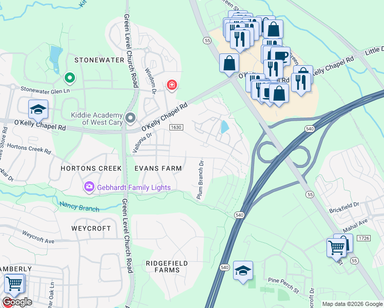 map of restaurants, bars, coffee shops, grocery stores, and more near 1133 Rosepine Drive in Cary