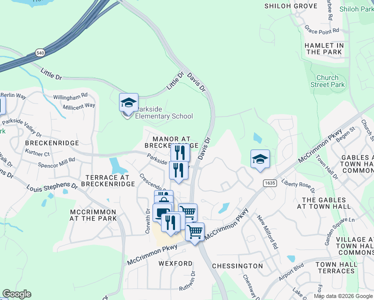 map of restaurants, bars, coffee shops, grocery stores, and more near 146 Brentfield Loop in Morrisville
