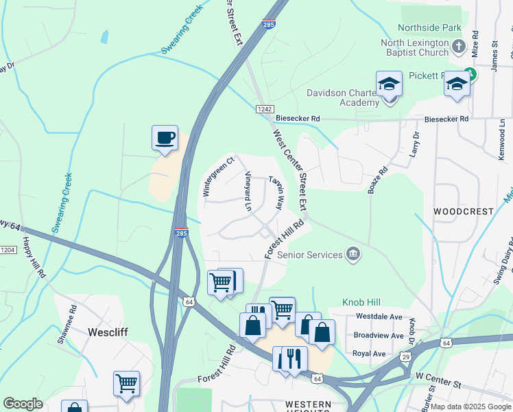 map of restaurants, bars, coffee shops, grocery stores, and more near 109 Rosemont Lane in Lexington