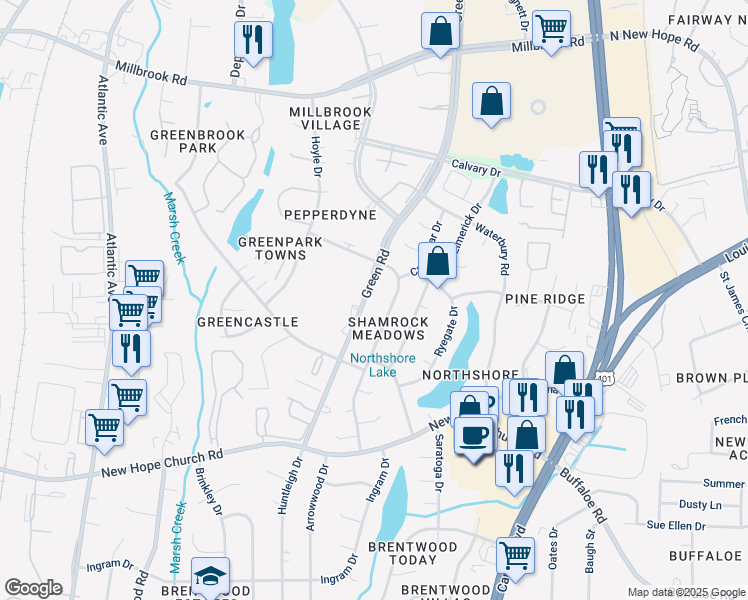 map of restaurants, bars, coffee shops, grocery stores, and more near 4208 Green Road in Raleigh