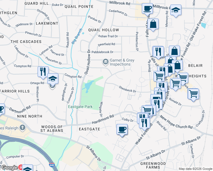 map of restaurants, bars, coffee shops, grocery stores, and more near 4216 Wingate Drive in Raleigh