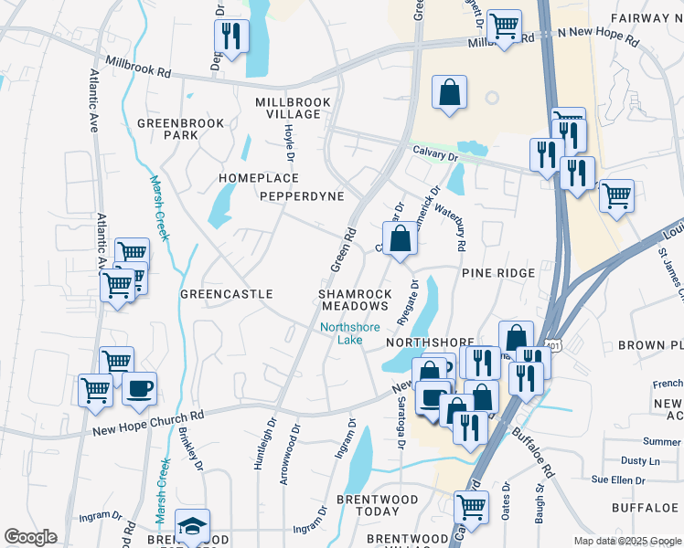 map of restaurants, bars, coffee shops, grocery stores, and more near 4208 Green Road in Raleigh