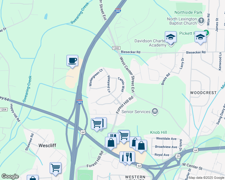 map of restaurants, bars, coffee shops, grocery stores, and more near 109 Rosemont Lane in Lexington