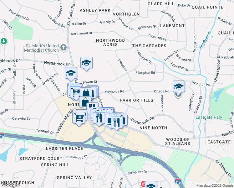 map of restaurants, bars, coffee shops, grocery stores, and more near 208 Reynolds Road in Raleigh