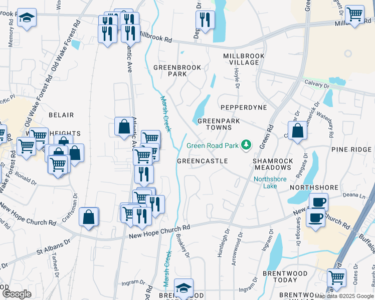 map of restaurants, bars, coffee shops, grocery stores, and more near 4317 Bayliner Drive in Raleigh