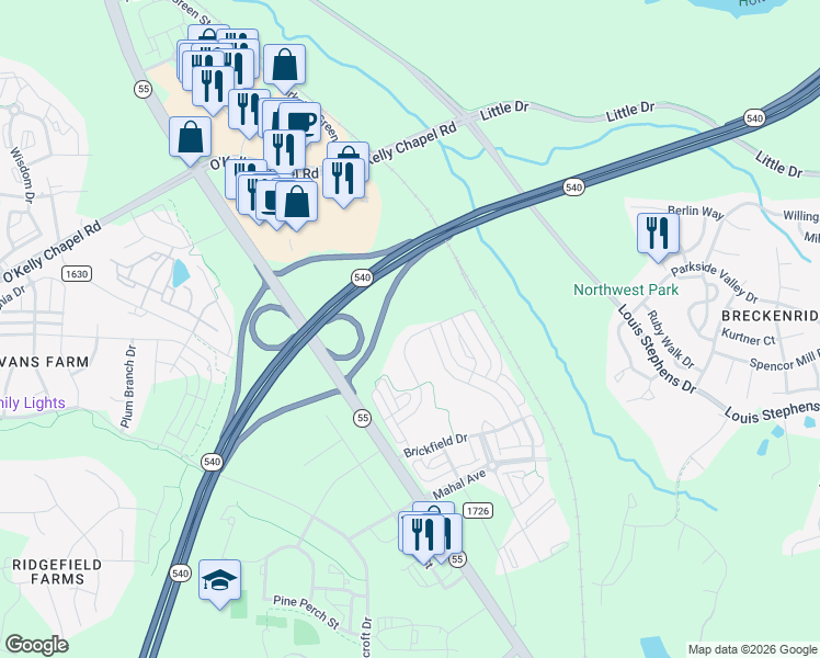 map of restaurants, bars, coffee shops, grocery stores, and more near 4720 North Carolina 55 in Cary