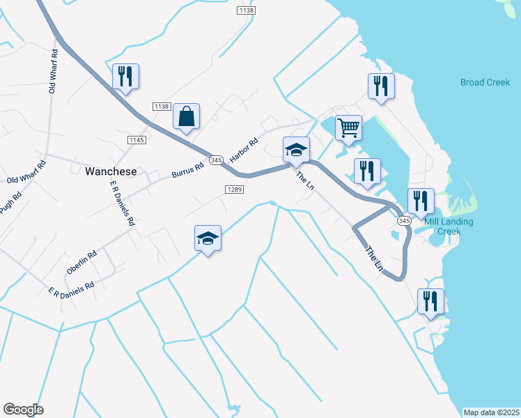 map of restaurants, bars, coffee shops, grocery stores, and more near 4042 Mill Landing Road in Wanchese