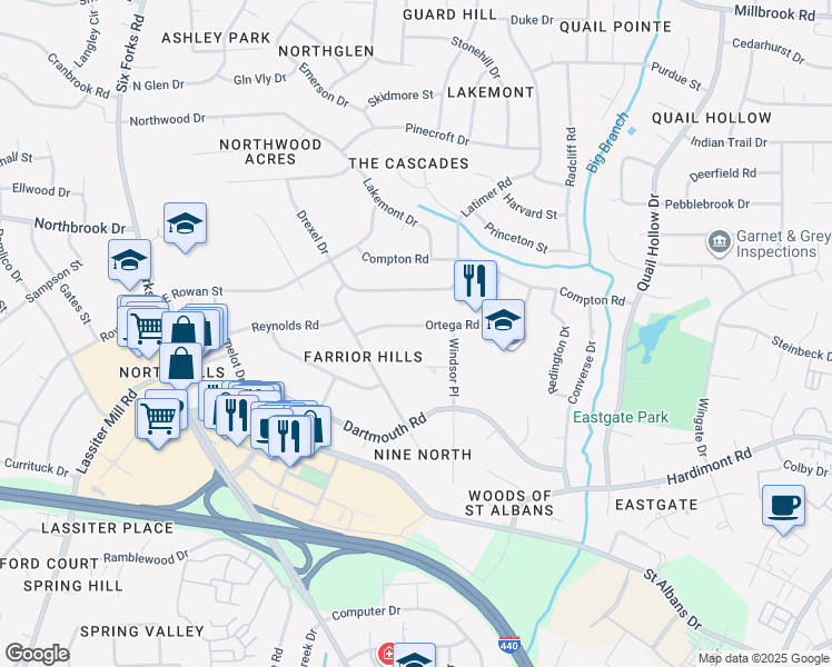 map of restaurants, bars, coffee shops, grocery stores, and more near 404 Ortega Road in Raleigh
