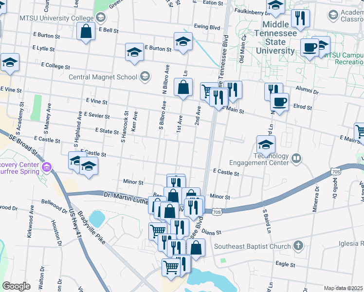 map of restaurants, bars, coffee shops, grocery stores, and more near 218 2nd Avenue in Murfreesboro