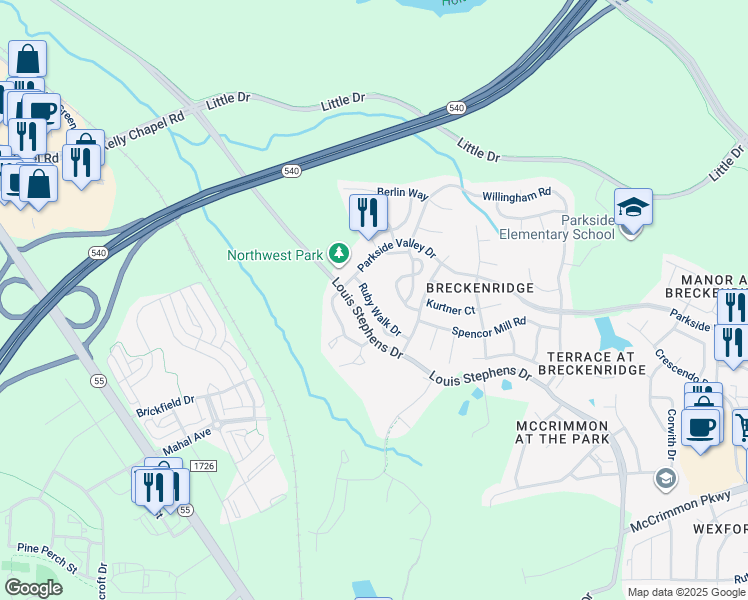map of restaurants, bars, coffee shops, grocery stores, and more near 229 Ruby Walk Dr in Morrisville