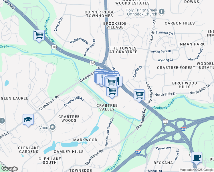 map of restaurants, bars, coffee shops, grocery stores, and more near 4325 Glenwood Avenue in Raleigh