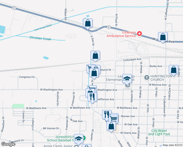 map of restaurants, bars, coffee shops, grocery stores, and more near 7 South Gee Street in Jonesboro
