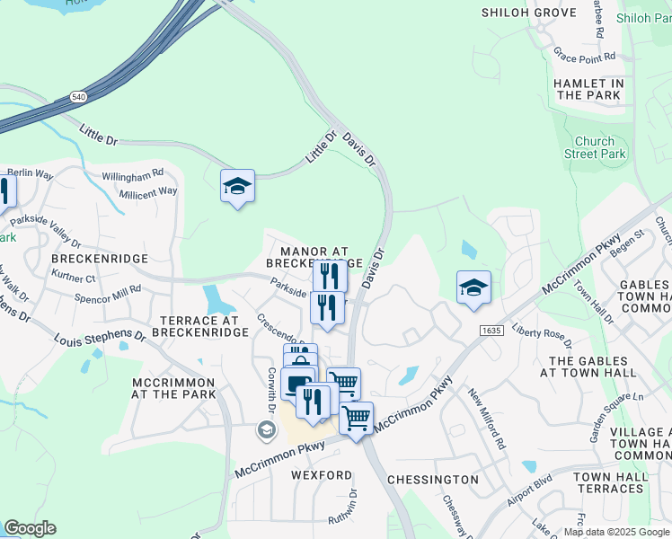 map of restaurants, bars, coffee shops, grocery stores, and more near 146 Brentfield Loop in Morrisville