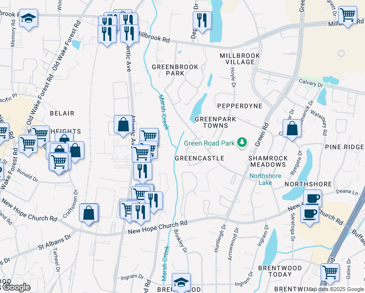 map of restaurants, bars, coffee shops, grocery stores, and more near 4317 Bayliner Drive in Raleigh