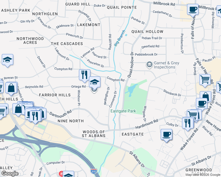 map of restaurants, bars, coffee shops, grocery stores, and more near 4212 Redington Drive in Raleigh