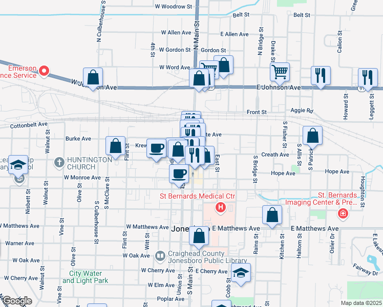 map of restaurants, bars, coffee shops, grocery stores, and more near 237 South Main Street in Jonesboro