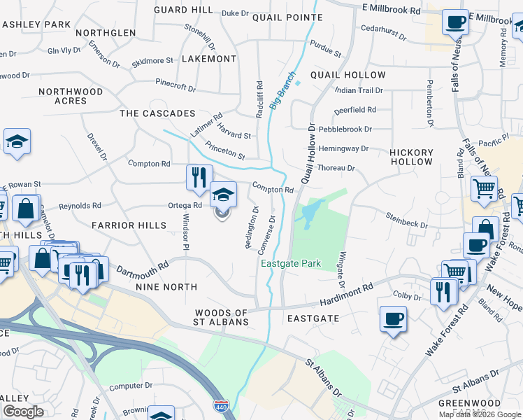 map of restaurants, bars, coffee shops, grocery stores, and more near 4212 Redington Drive in Raleigh