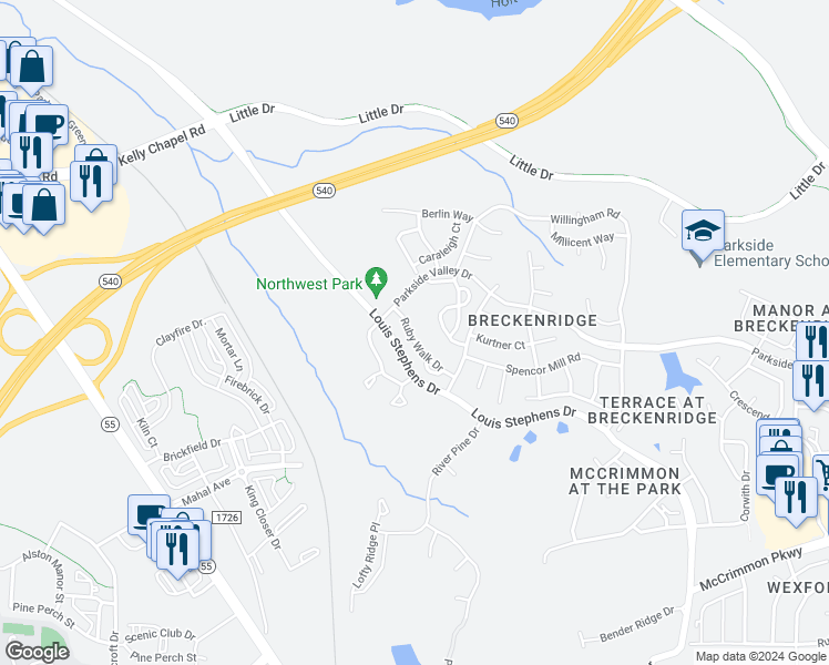 map of restaurants, bars, coffee shops, grocery stores, and more near 225 Ruby Walk Drive in Morrisville