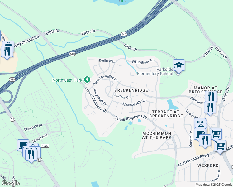 map of restaurants, bars, coffee shops, grocery stores, and more near 216 Kurtner Court in Morrisville