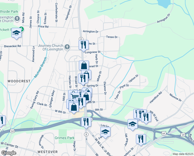 map of restaurants, bars, coffee shops, grocery stores, and more near 1202 White Street in Lexington