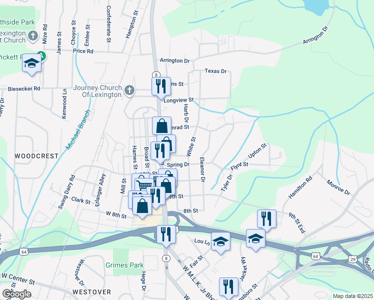 map of restaurants, bars, coffee shops, grocery stores, and more near 1202 White Street in Lexington