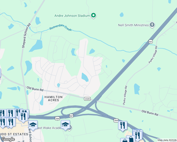 map of restaurants, bars, coffee shops, grocery stores, and more near 361 Rustling Way in Zebulon