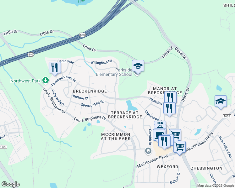 map of restaurants, bars, coffee shops, grocery stores, and more near 104 Willingham Road in Morrisville
