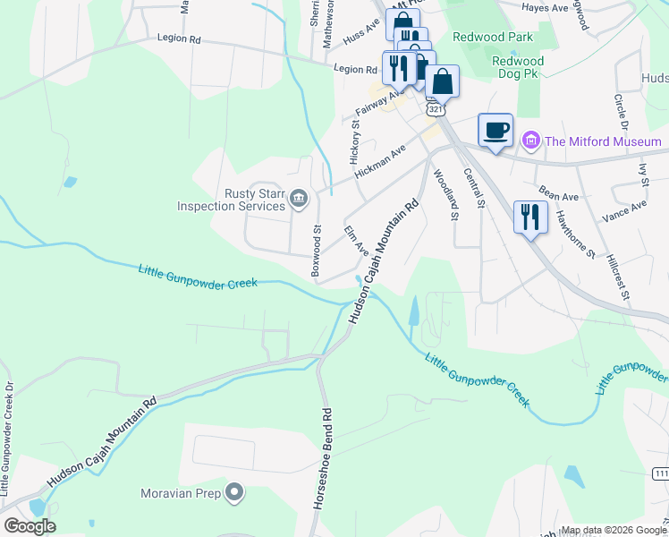 map of restaurants, bars, coffee shops, grocery stores, and more near 522 Boxwood Street in Hudson