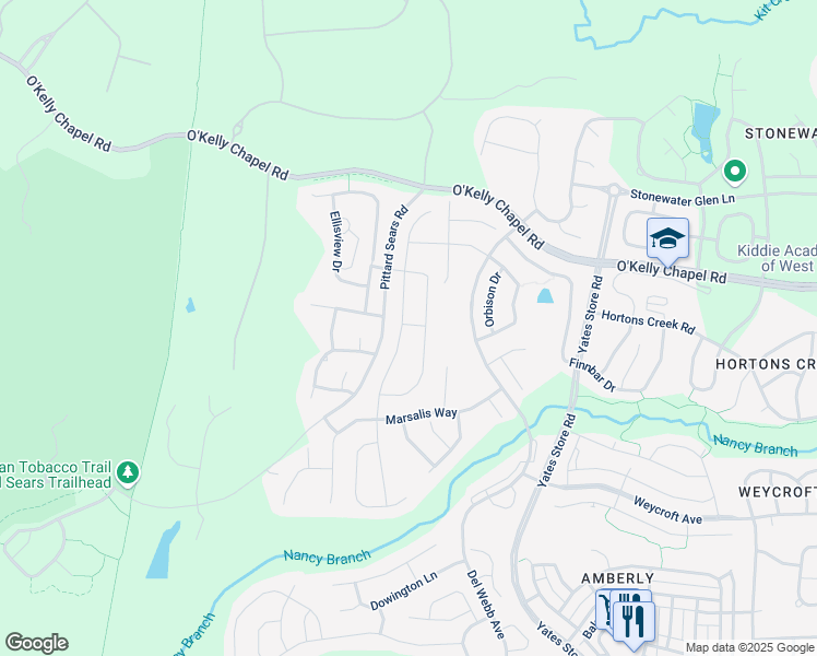 map of restaurants, bars, coffee shops, grocery stores, and more near 146 Abbey View Way in Cary