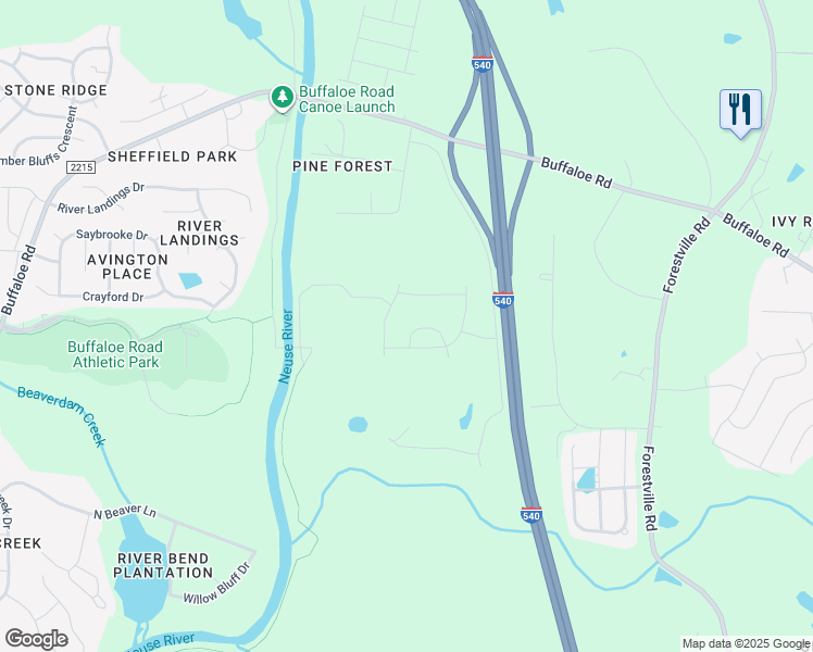 map of restaurants, bars, coffee shops, grocery stores, and more near 7111 Blue Run Lane in Raleigh