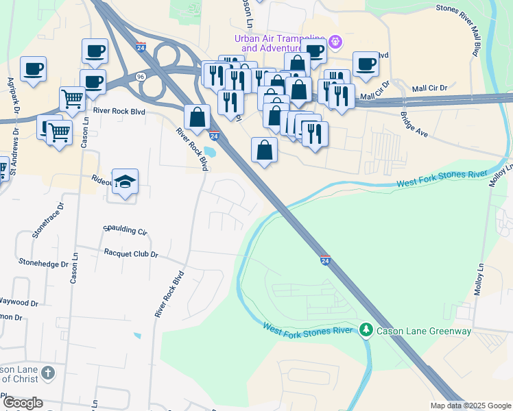 map of restaurants, bars, coffee shops, grocery stores, and more near 412 Riveredge Court in Murfreesboro