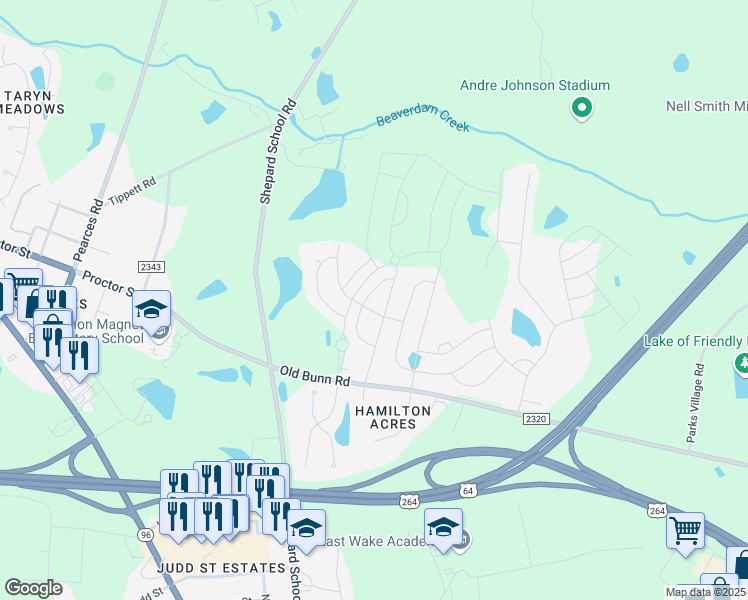map of restaurants, bars, coffee shops, grocery stores, and more near 204 Quincy Meadow Avenue in Zebulon