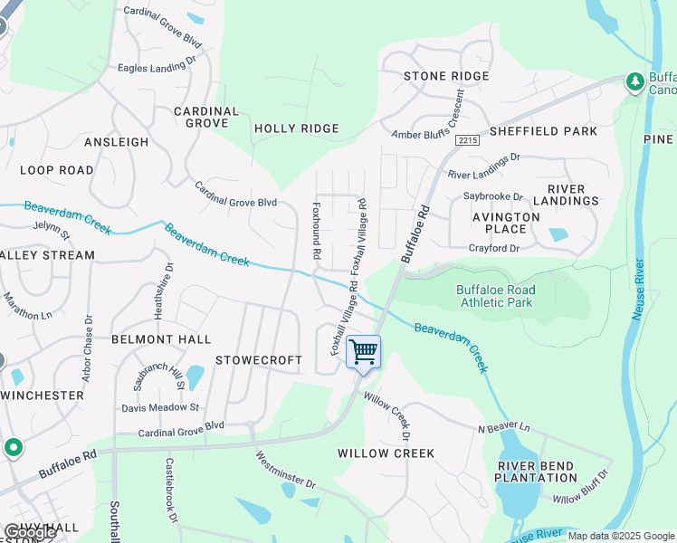 map of restaurants, bars, coffee shops, grocery stores, and more near 4300 Foxhound Road in Raleigh