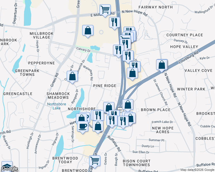 map of restaurants, bars, coffee shops, grocery stores, and more near 4408 Lake Ridge Drive in Raleigh